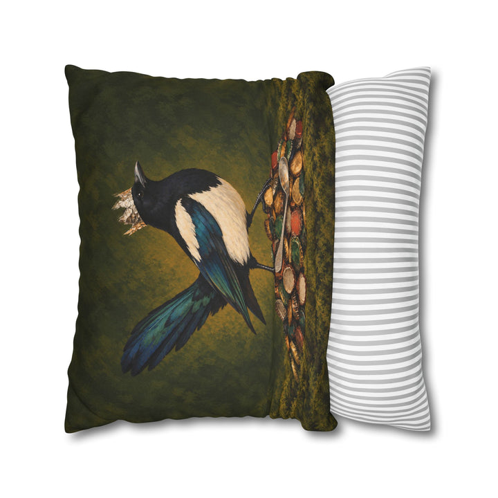 Shiny Thing Acquired – Magpie Art with a Hoard of Caps and One Gold Ring – Pillow / Cover