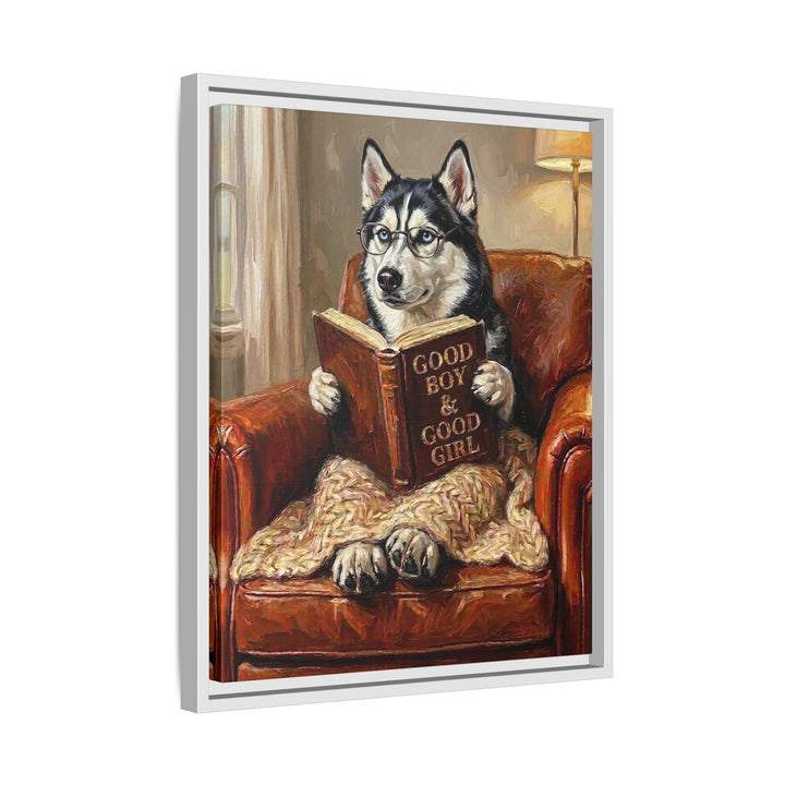 "Evening Read" - Husky Vertical Framed Canvas - Dog Lover Wall Art