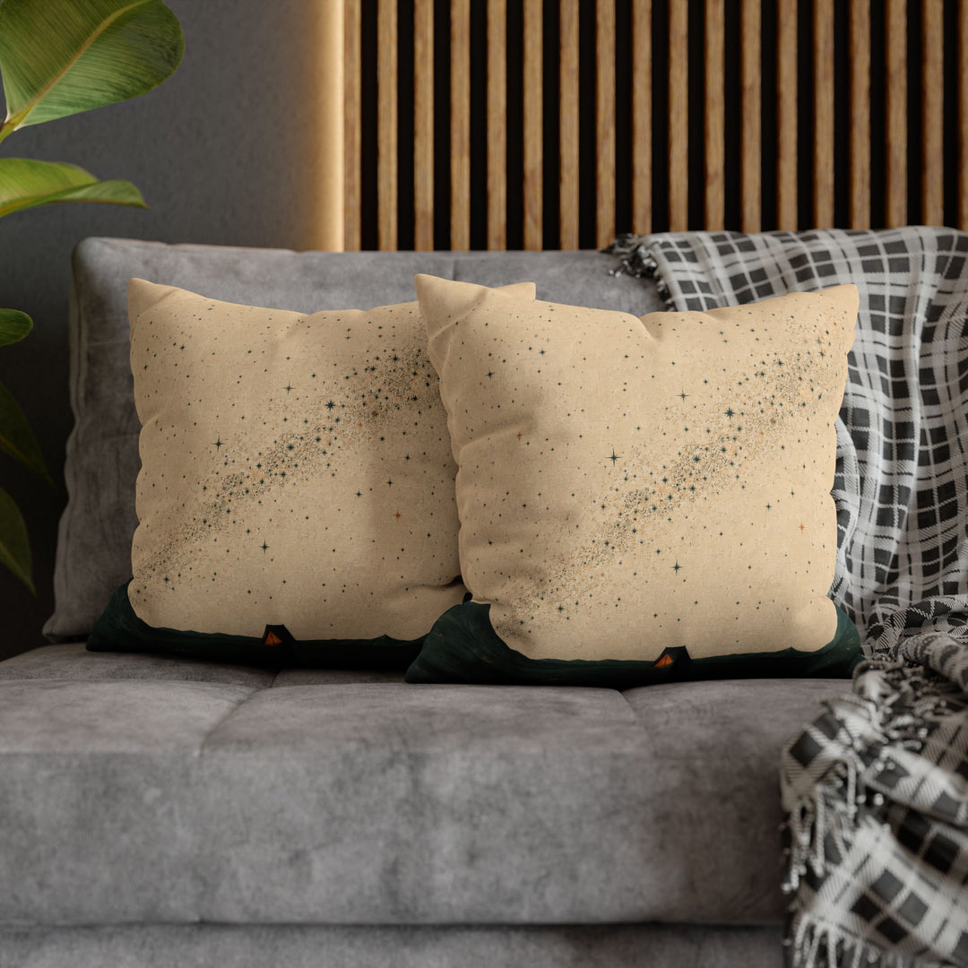 One Tent, Ten Thousand Stars – Outdoor Wall Art with a Glowing Shelter at Night – Pillow / Cover