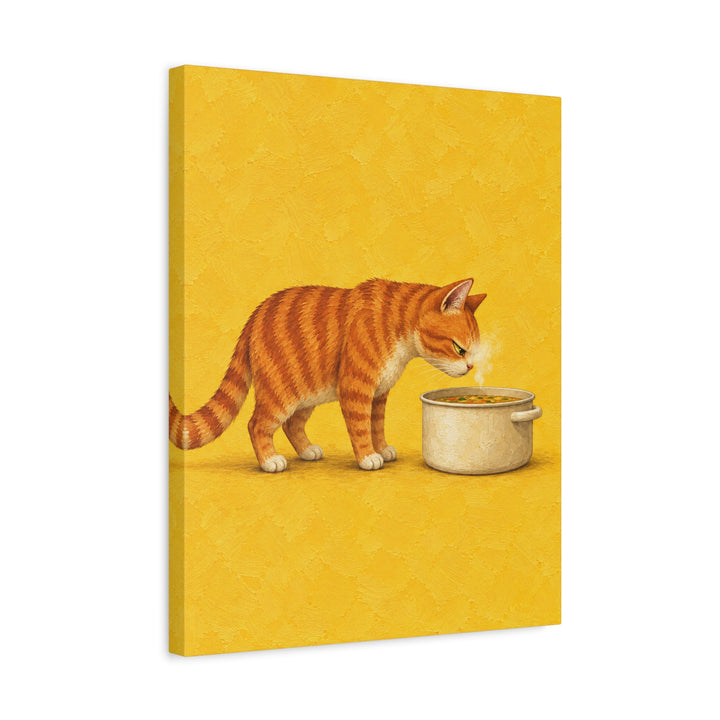 Soup Critic – Funny Kitchen Art with a Cat Above the Steaming Pot – Canvas / Framed Canvas