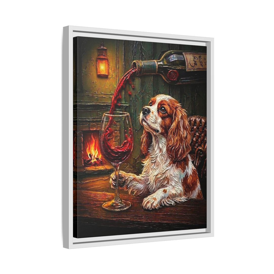 "Wine & Woof" - Cavalier King Charles Vertical Framed Canvas - Dog Lover Wall Art