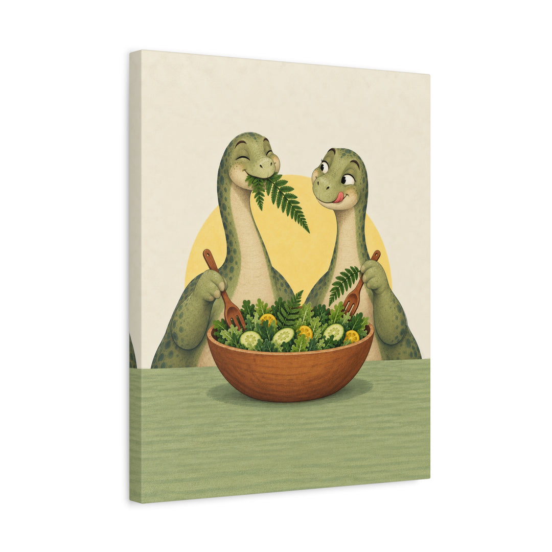 Herbivore Brunch Club – Dinosaur Decor with Long Necks Sharing a Salad – Canvas / Framed Canvas