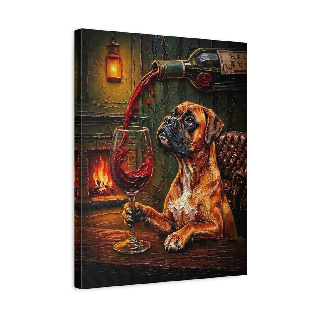 "Wine & Woof" - Boxer Vertical Canvas - Dog Lover Wall Art