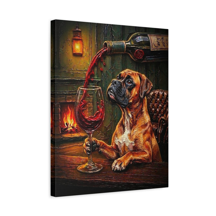 "Wine & Woof" - Boxer Vertical Canvas - Dog Lover Wall Art
