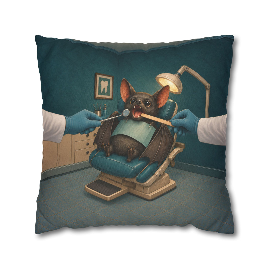The Fang Checkup – Halloween Wall Art with a Brave Bat at a Dental Mirror – Pillow / Cover
