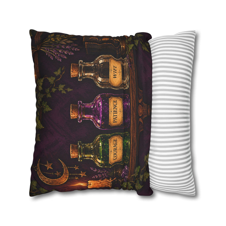 The Potion Shelf – Witchy Wall Art with Labeled Apothecary Bottles – Pillow / Cover