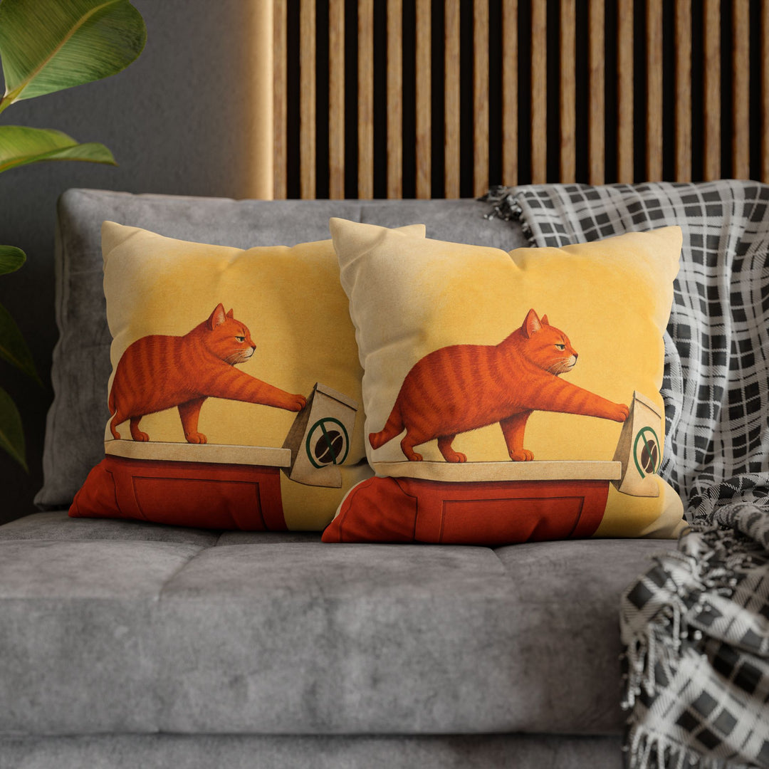 Decaf Doesn't Count – Coffee Wall Art with a Cat and a Doomed Coffee Bag – Pillow / Cover