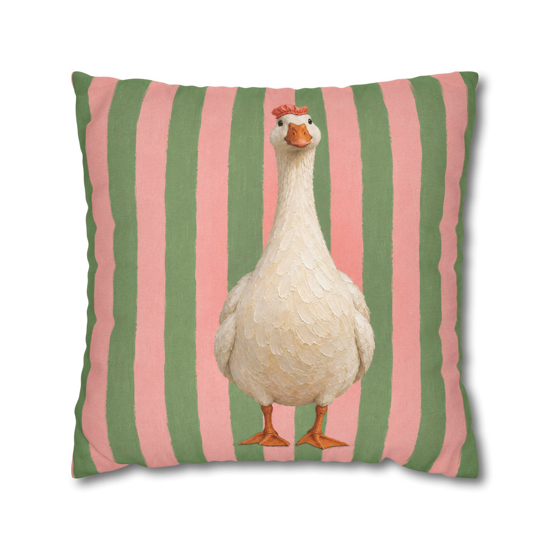 Sunday Best – Goose Art with a Shower Cap on Pink Sage Stripes – Pillow / Cover