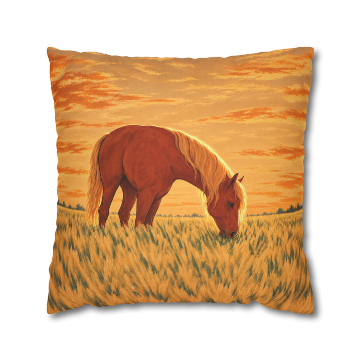Golden Hour Grazer – Horse Painting with a Backlit Evening Pasture – Pillow / Cover