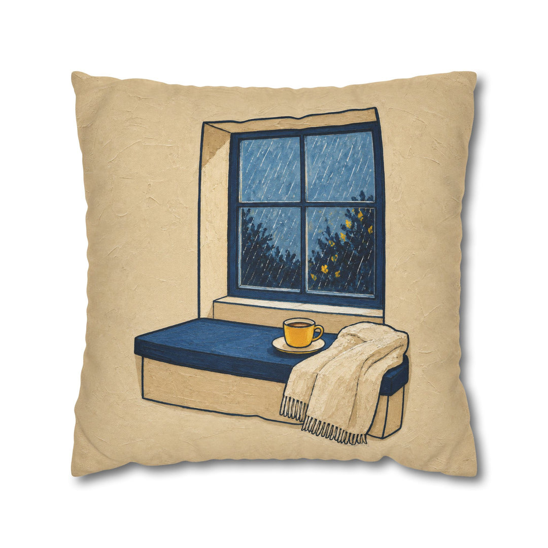 Window Seat: Rain – Window Wall Art with Tea and a Streaked View – Pillow / Cover