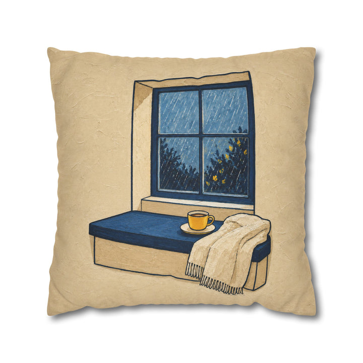 Window Seat: Rain – Window Wall Art with Tea and a Streaked View – Pillow / Cover