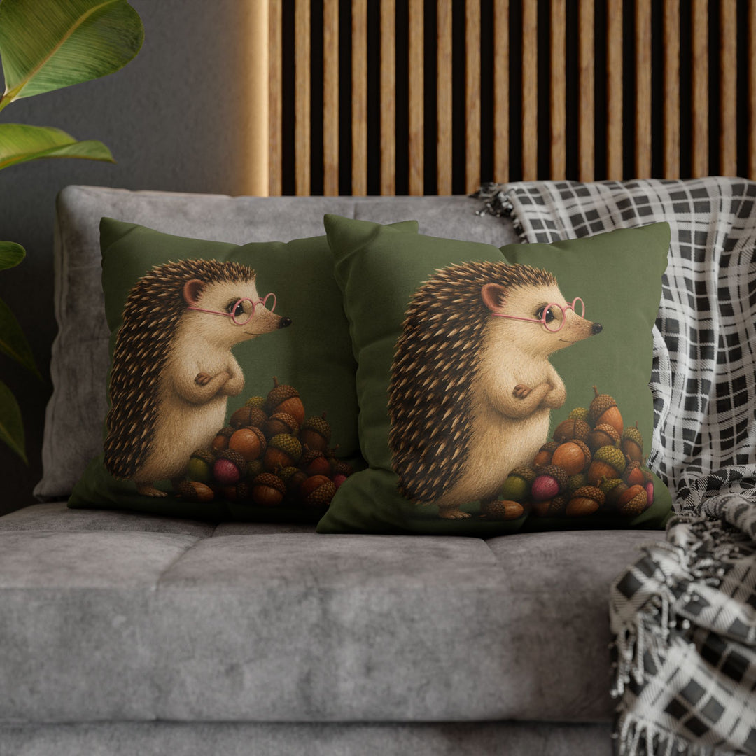 Hedge Fund – Hedgehog Art with an Acorn Pile and Reading Glasses – Pillow / Cover