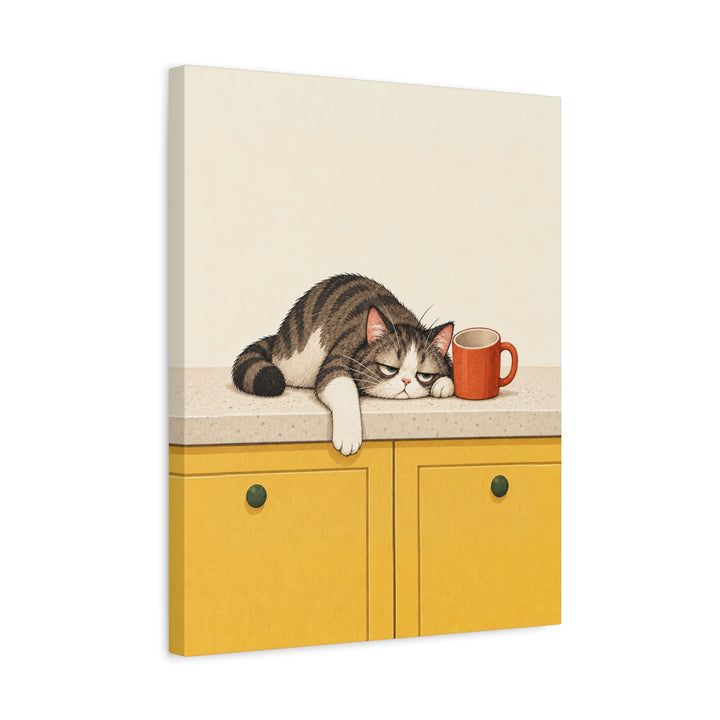 Before Coffee: Cat Edition II – Funny Kitchen Art with a Counter Slump and Empty Mug – Canvas / Framed Canvas