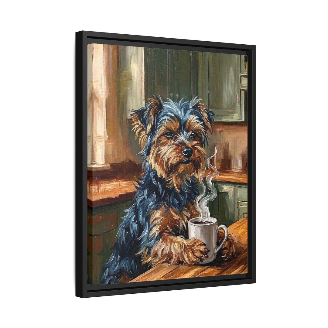 "Before Coffee" - Yorkie Vertical Framed Canvas - Dog Lover Wall Art
