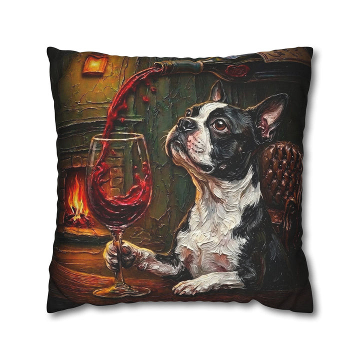 "Wine & Woof" - Boston Terrier Pillow Cover - Dog Lover Home Decor