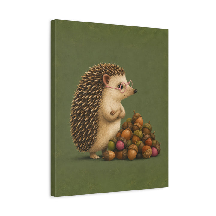 Hedge Fund – Hedgehog Art with an Acorn Pile and Reading Glasses – Canvas / Framed Canvas