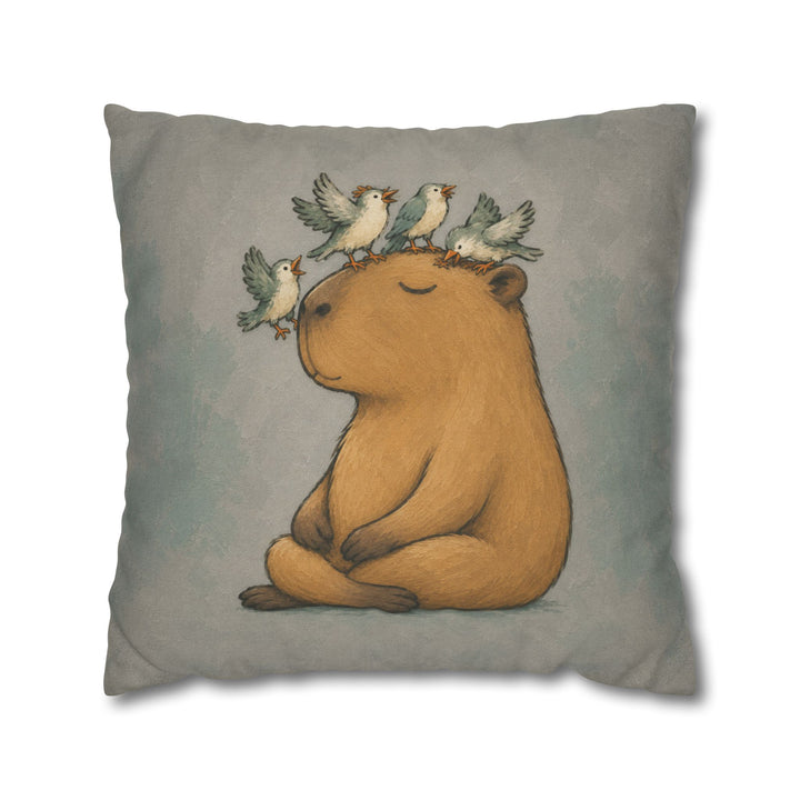 Breathwork – Yoga Decor with a Capybara Amid Landing Birds – Pillow / Cover