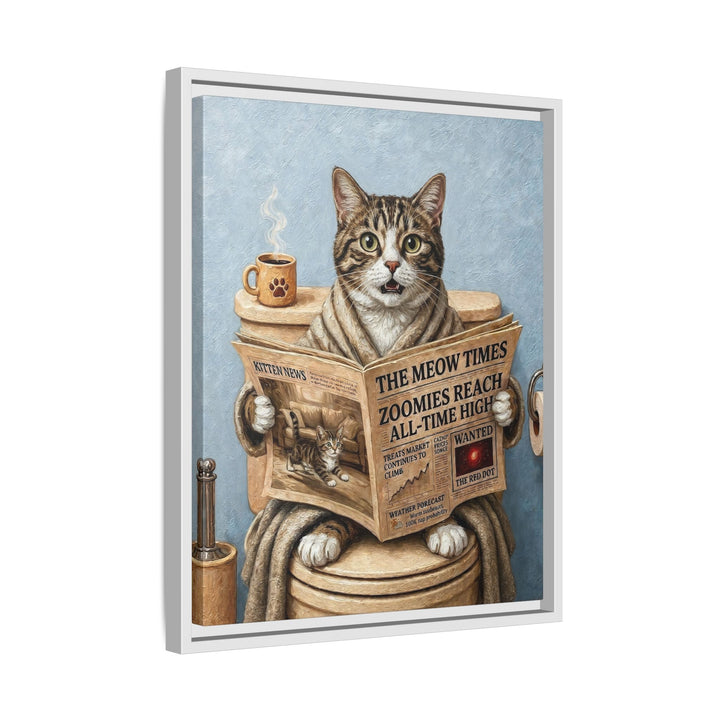 "Morning Business" - Brown Tabby & White Vertical Framed Canvas - Cat Lover Wall Art