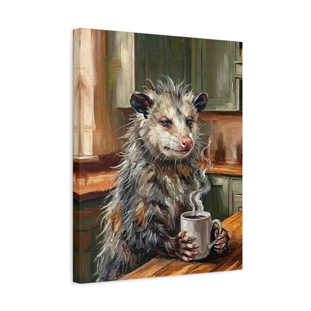 "Coffee & Silence" - Opossum Vertical Canvas - Spirit Animal Wall Art