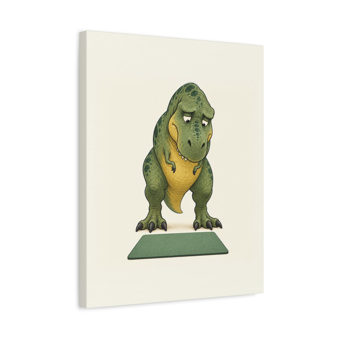 T-Rex vs Push-Up Day – Dinosaur Art with Visible Resignation at the Mat – Canvas / Framed Canvas