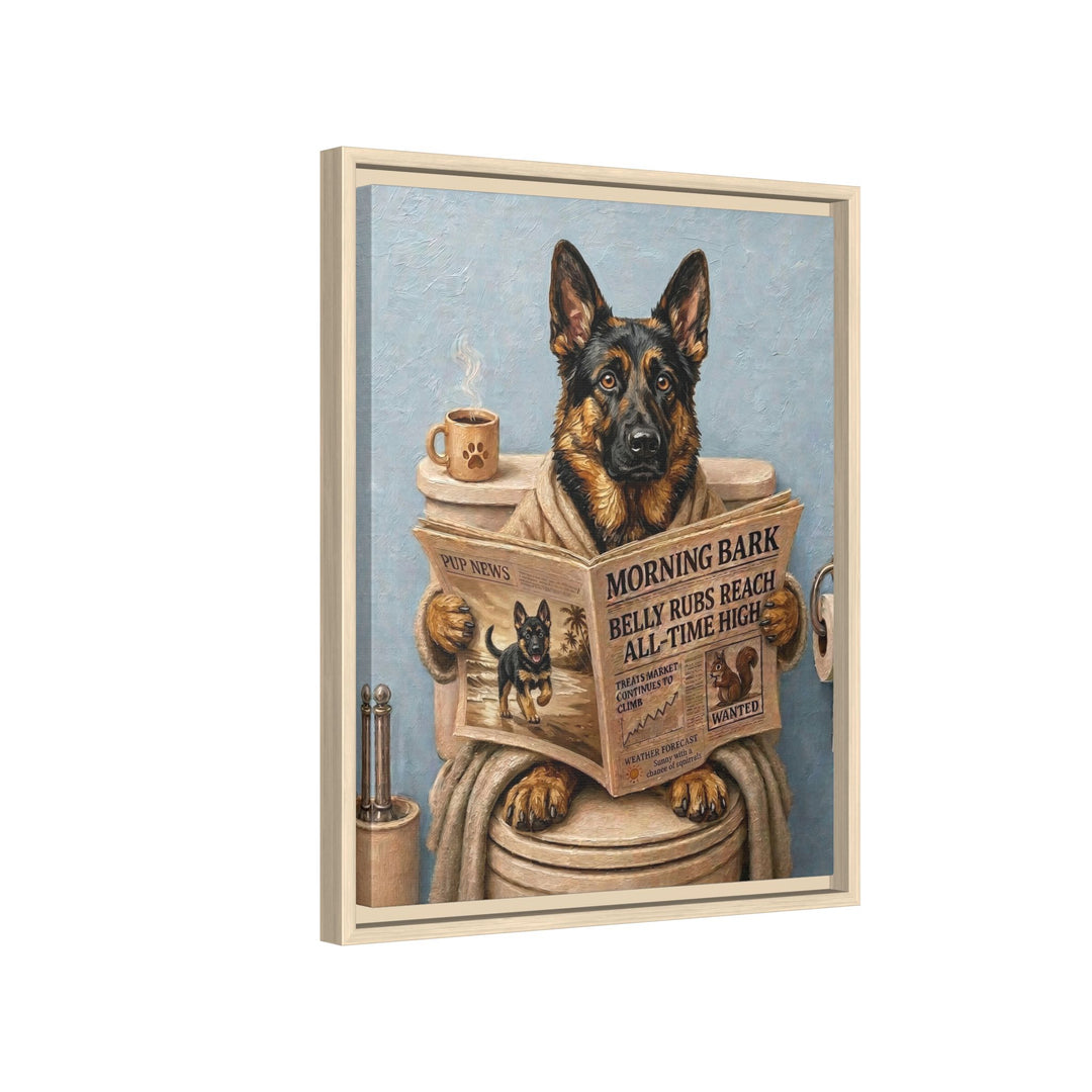 "Morning Business" - German Shepherd Vertical Framed Canvas - Dog Lover Wall Art