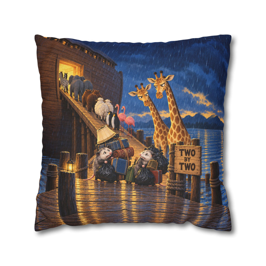 Two by Two – Noahs Ark Wall Art with a Gangway Queue in Evening Rain – Pillow / Cover