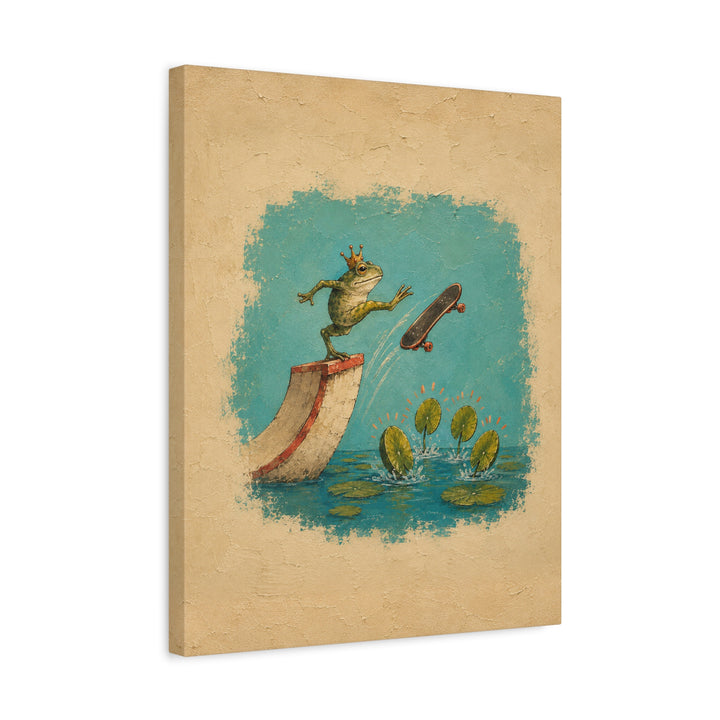 Skate Prince – Quirky Wall Art with a Crowned Frog on a Ramp – Canvas / Framed Canvas