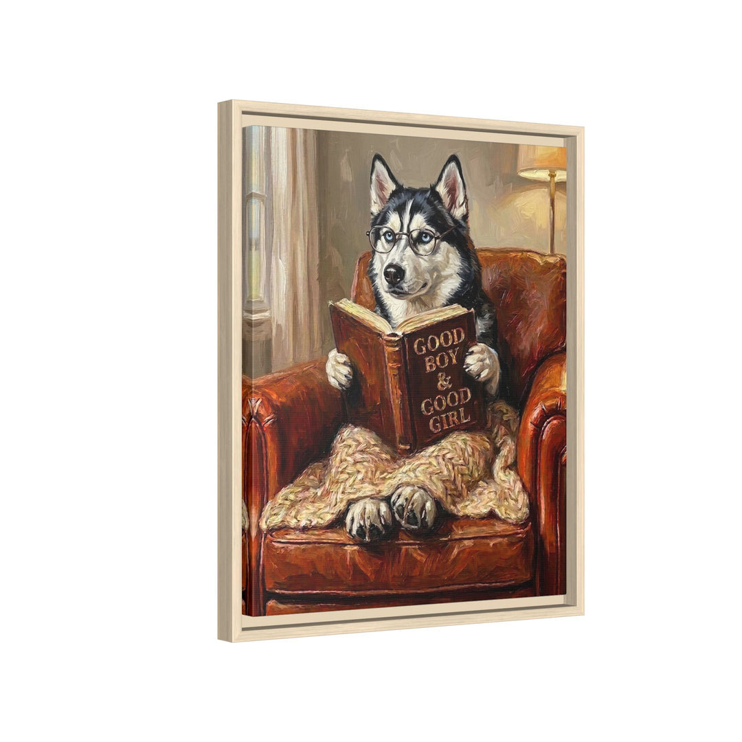 "Evening Read" - Husky Vertical Framed Canvas - Dog Lover Wall Art