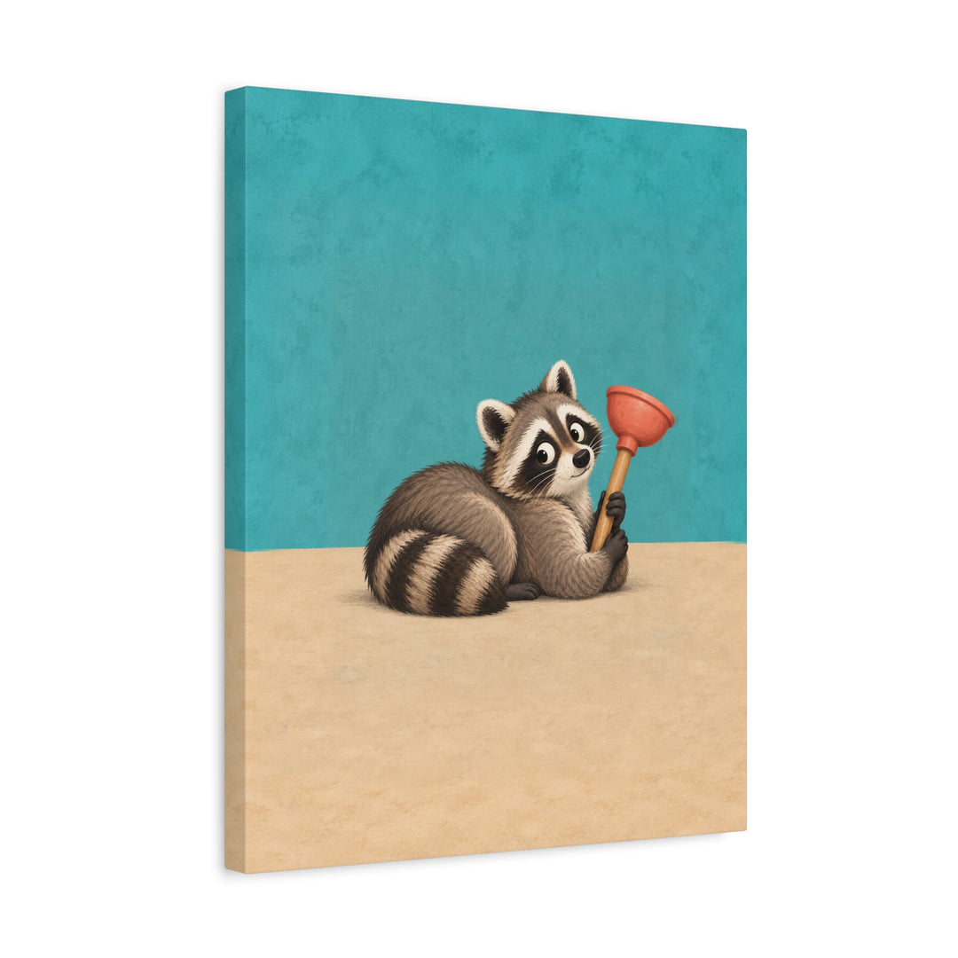 The Plunger Incident – Funny Bathroom Art with a Guilty Raccoon – Canvas / Framed Canvas