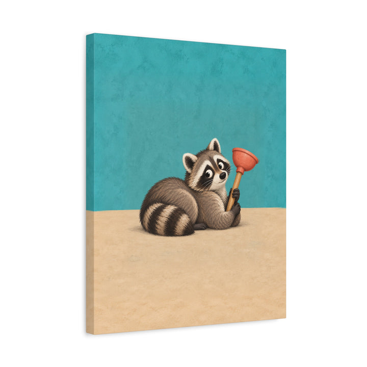 The Plunger Incident – Funny Bathroom Art with a Guilty Raccoon – Canvas / Framed Canvas