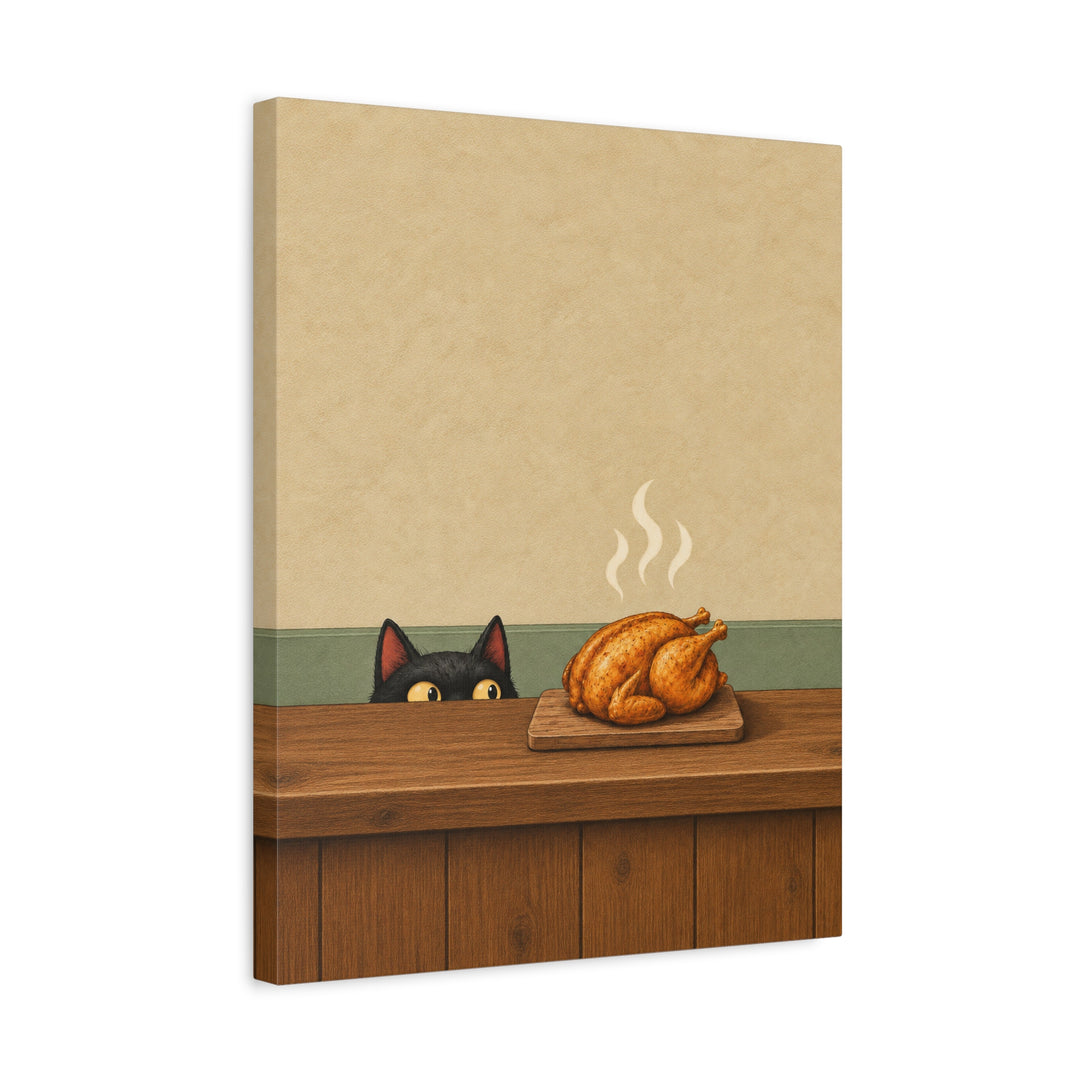 Quality Control – Cat Kitchen Art with a Roast Resting on the Board – Canvas / Framed Canvas