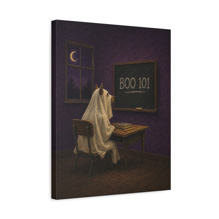 BOO 101 – Halloween Wall Art with a Sheet Ghost at a Desk – Canvas / Framed Canvas