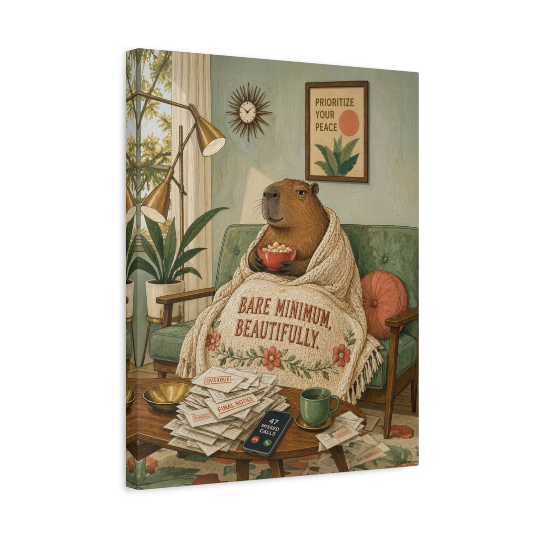 "Bare Minimum" - Capybara Vertical Canvas - Dark Burnout Humor Wall Art