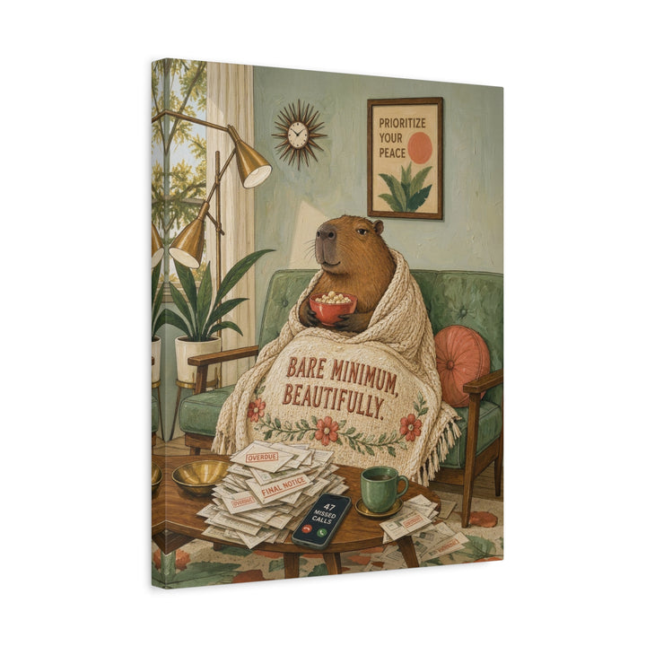 "Bare Minimum" - Capybara Vertical Canvas - Dark Burnout Humor Wall Art