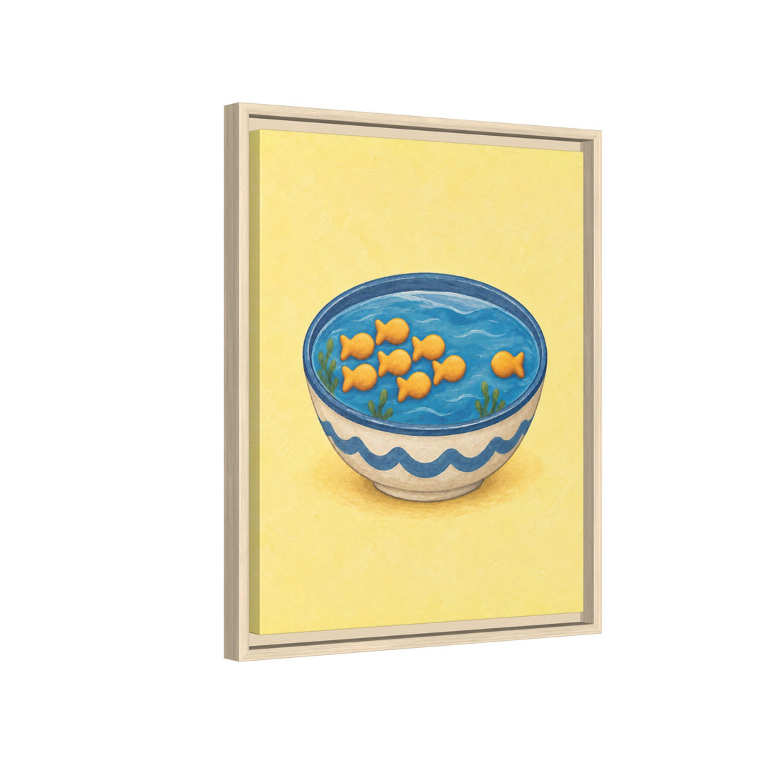 Fish Cracker School – Funny Kitchen Art with Crackers Swimming in a Bowl – Framed Canvas Wall Art