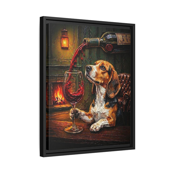 "Wine & Woof" - Beagle Vertical Framed Canvas - Dog Lover Wall Art