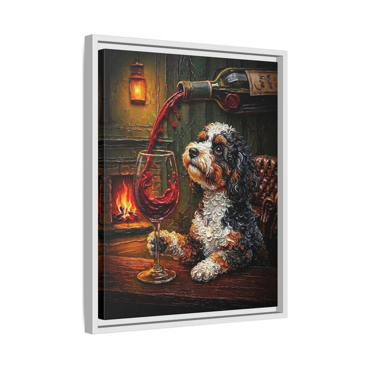 "Wine & Woof" - Bichon Frise Vertical Framed Canvas - Dog Lover Wall Art