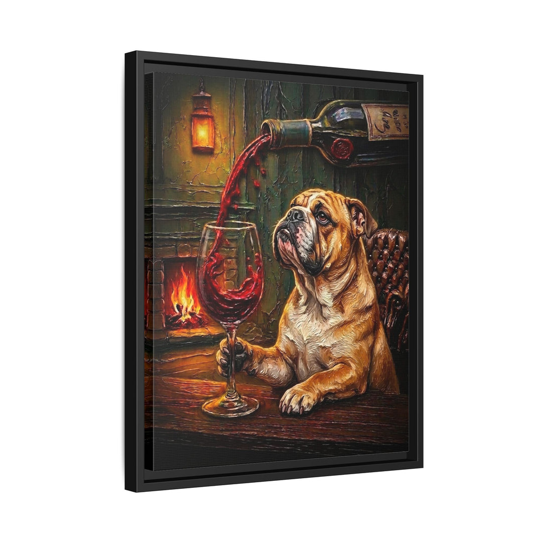"Wine & Woof" - English Bulldog Vertical Framed Canvas - Dog Lover Wall Art