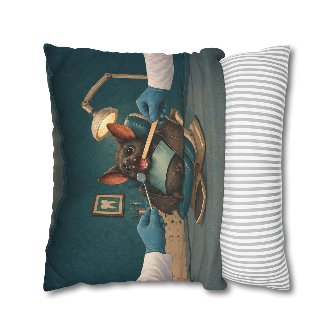 The Fang Checkup – Halloween Wall Art with a Brave Bat at a Dental Mirror – Pillow / Cover
