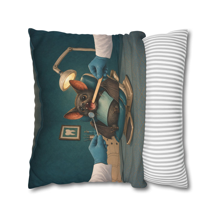 The Fang Checkup – Halloween Wall Art with a Brave Bat at a Dental Mirror – Pillow / Cover