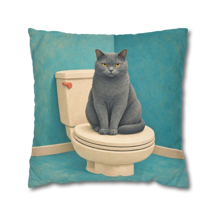 The Lid Sitter – Cat Bathroom Art with a Watchful Toilet Guard – Pillow / Cover