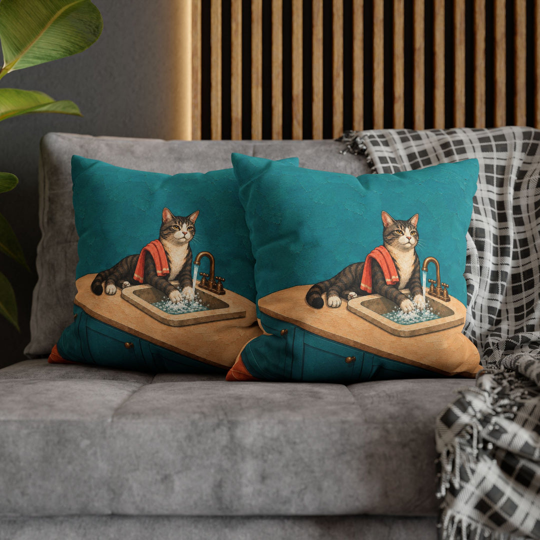 Wash Your Paws – Cat Bathroom Art with a Sink Side Scrub – Pillow / Cover