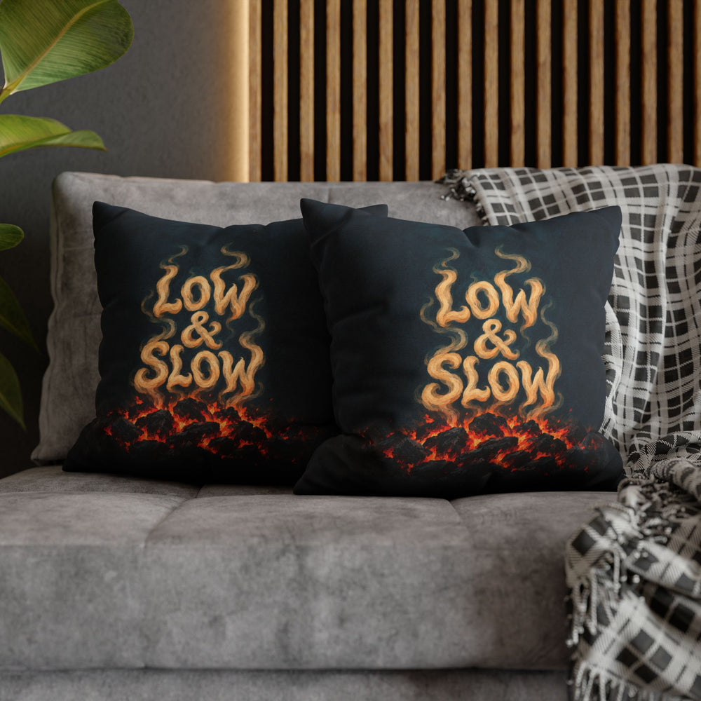 Low & Slow – Grill Art with Smoke Curl Lettering Over Embers – Pillow / Cover