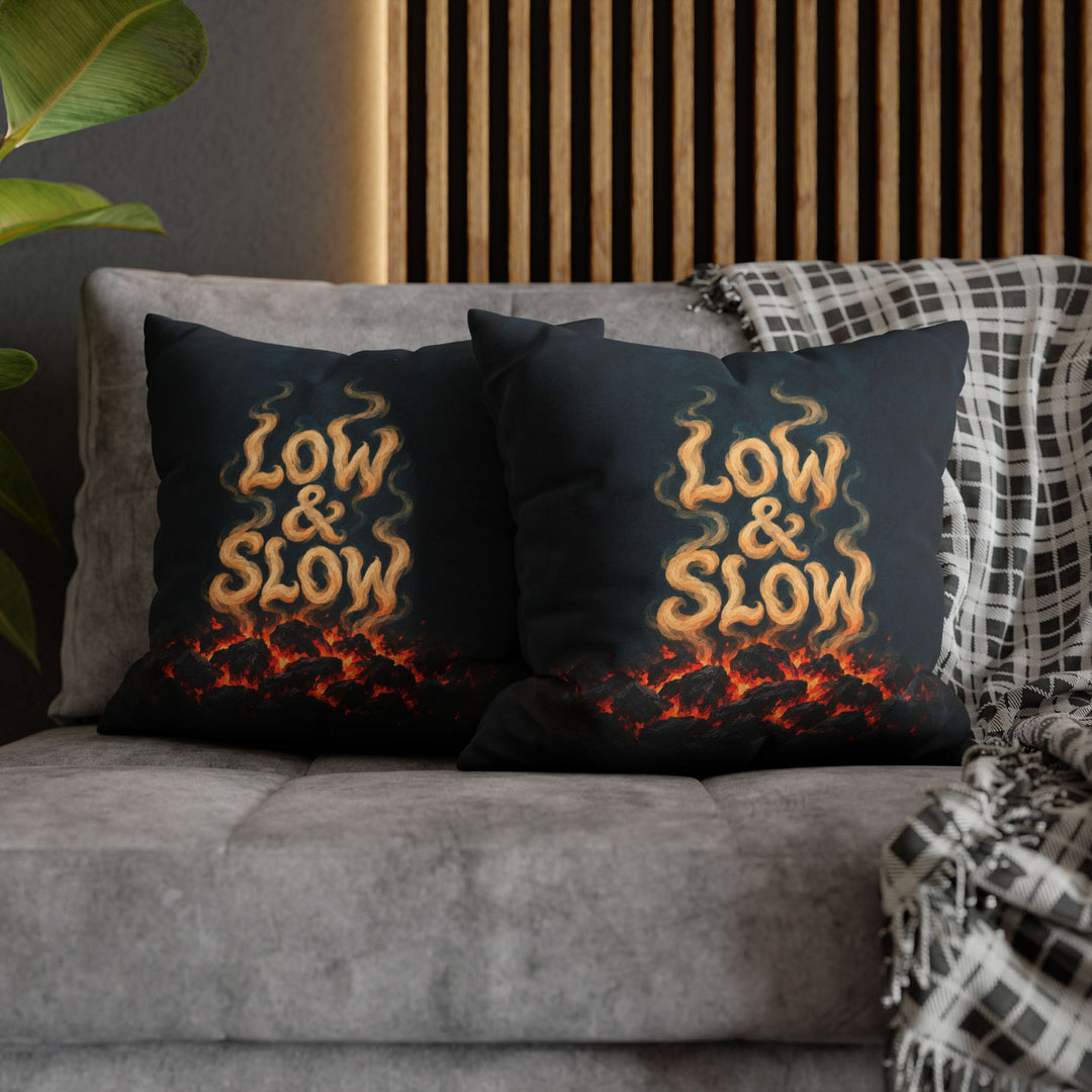 Low & Slow – Grill Art with Smoke Curl Lettering Over Embers – Pillow / Cover