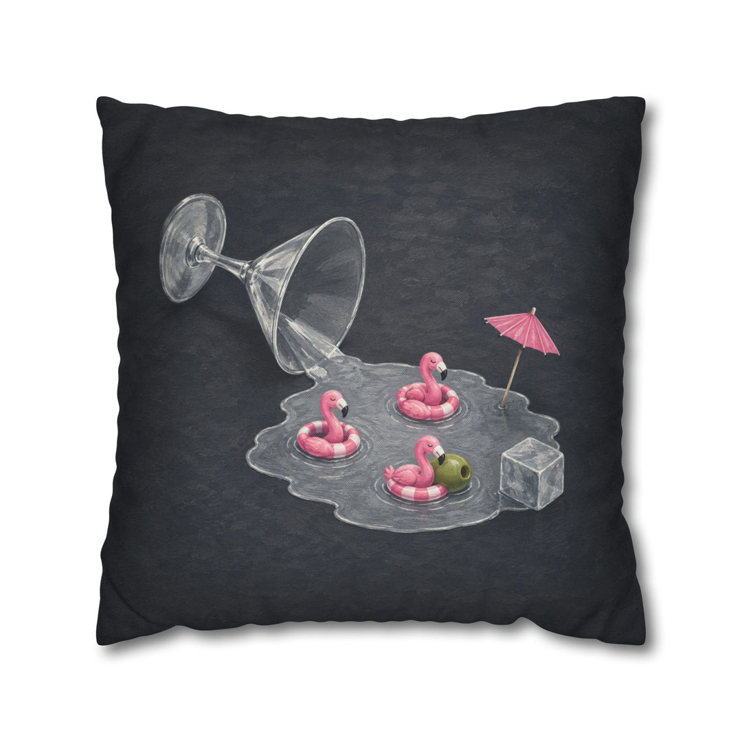 Happy Hour – Cocktail Wall Art with a Tipped Glass and Flamingos – Pillow / Cover