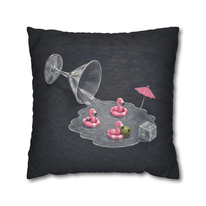 Happy Hour – Cocktail Wall Art with a Tipped Glass and Flamingos – Pillow / Cover