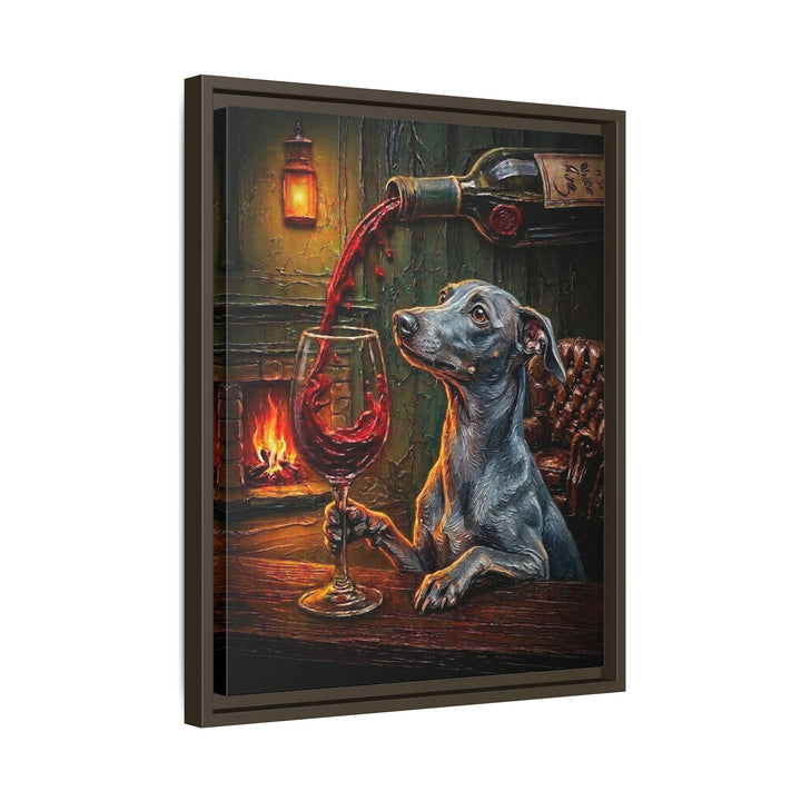 "Wine & Woof" - Italian Greyhound Vertical Framed Canvas - Dog Lover Wall Art