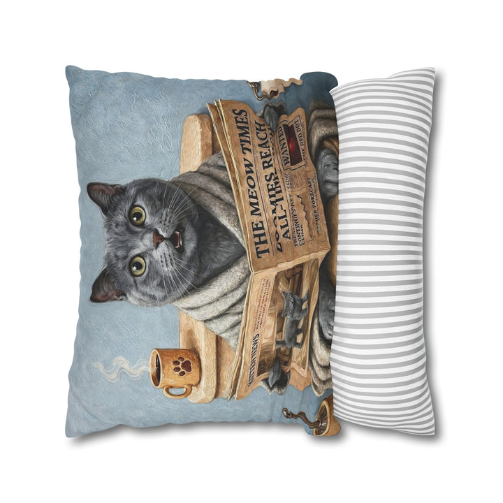 "Morning Business" - Solid Grey Throw Pillow - Cat Lover Home Decor