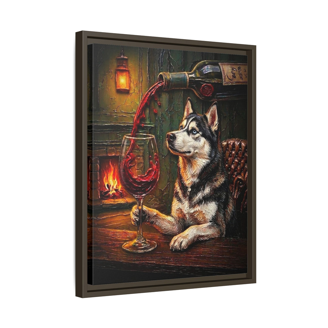"Wine & Woof" - Husky Vertical Framed Canvas - Dog Lover Wall Art