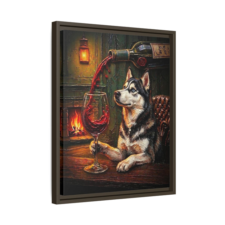 "Wine & Woof" - Husky Vertical Framed Canvas - Dog Lover Wall Art